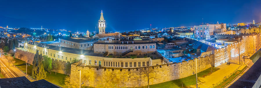 New Gate Panorama, With Christmas Tree And Lights, Jerusalem Photograph by Ran Dembo