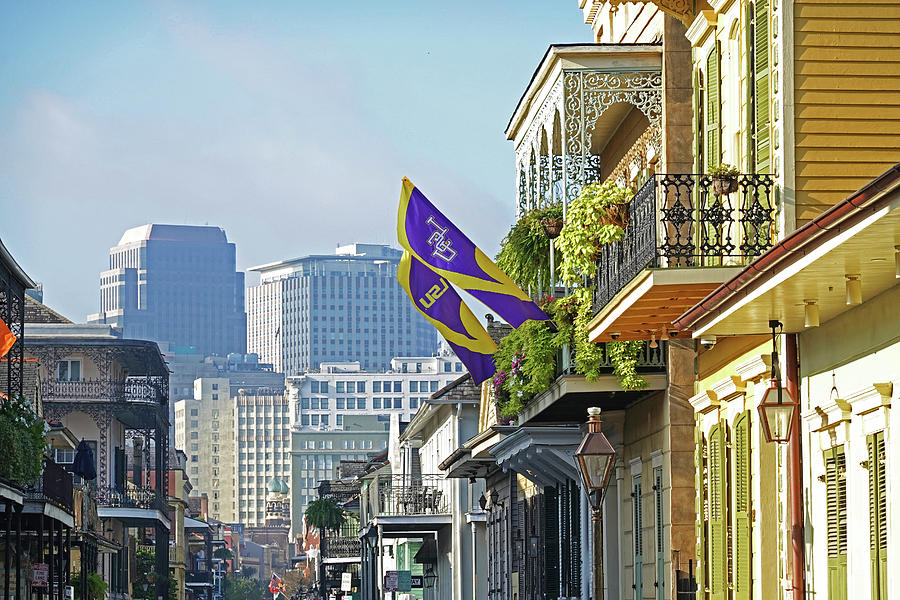 New Orleans Balconies and Skyline LSU Flags New Orleans Louisiana Photograph by Toby McGuire