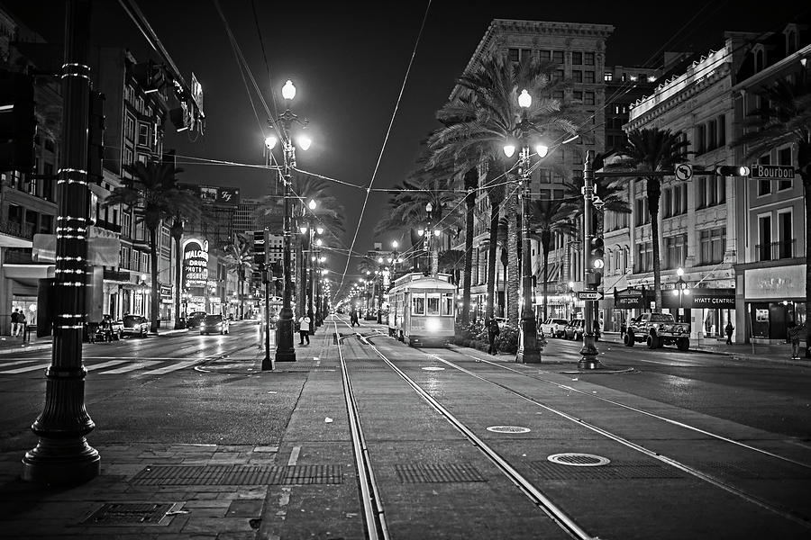 New Orleans Canal Street at Night New Orleans LA Louisiana Black and White Photograph by Toby McGuire