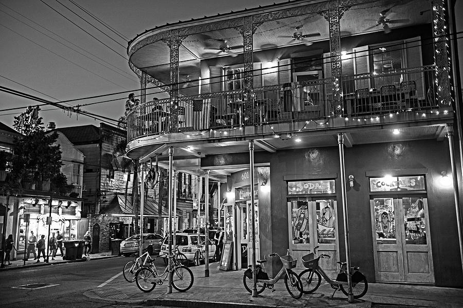 New Orleans Frenchmen Street Balcony New Orleans Louisiana LA black and white Photograph by Toby McGuire