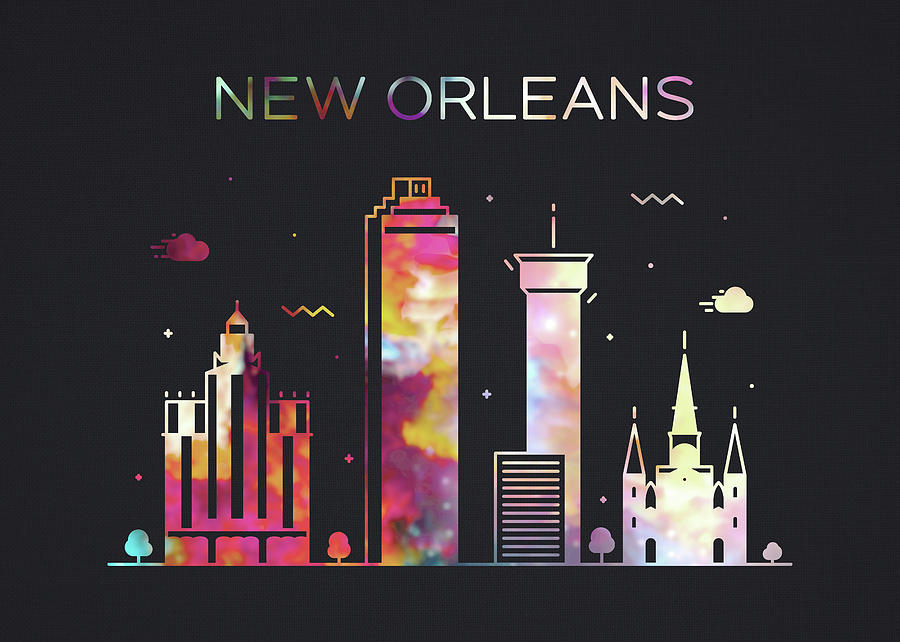 New Orleans Mixed Media - New Orleans Louisiana City Skyline Whimsical Fun Wide Dark by Design Turnpike New Orleans Mixed Media - New Orleans Louisiana City Skyline Whimsical Fun Wide Dark by Design Turnpike