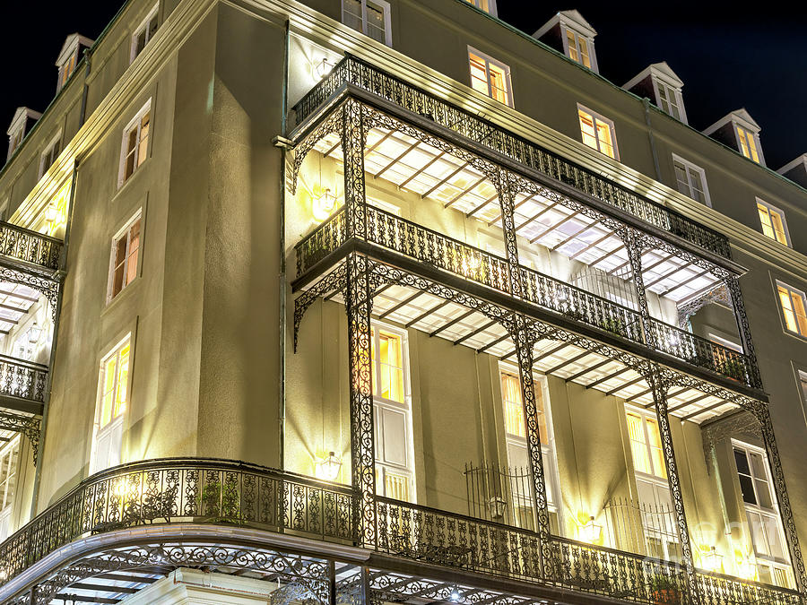 New Orleans Night Lights on the Balcony Photograph by John Rizzuto
