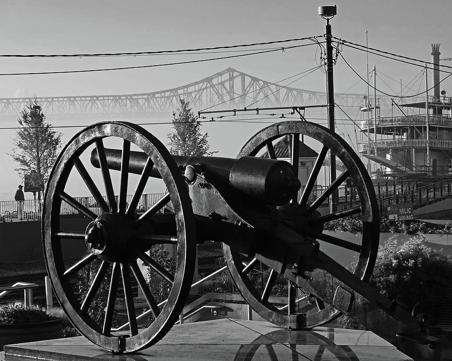 New Orleans Washington Artillery Park Memorial Cannon Crescent City Connection Bridge BW Photograph by Toby McGuire