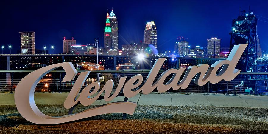 Cleveland Photograph - New Sign of Cleveland Panorama by Frozen in Time Fine Art Photography