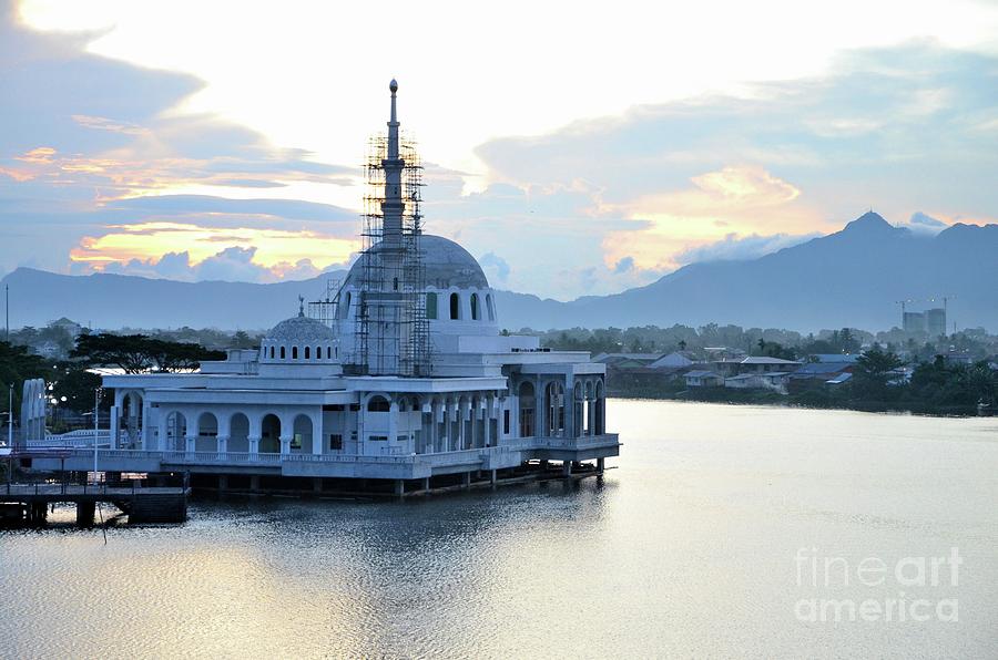New under construction floating mosque with two domes at Sarawak river waterfront Kuching Malaysia Photograph by Imran Ahmed