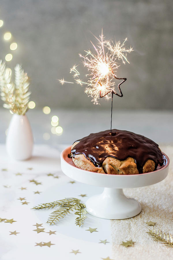 New Years Cake With Chocolate Glaze, Asterisk Cold Sparkles, Golden Additions Photograph by Diana Kowalczyk