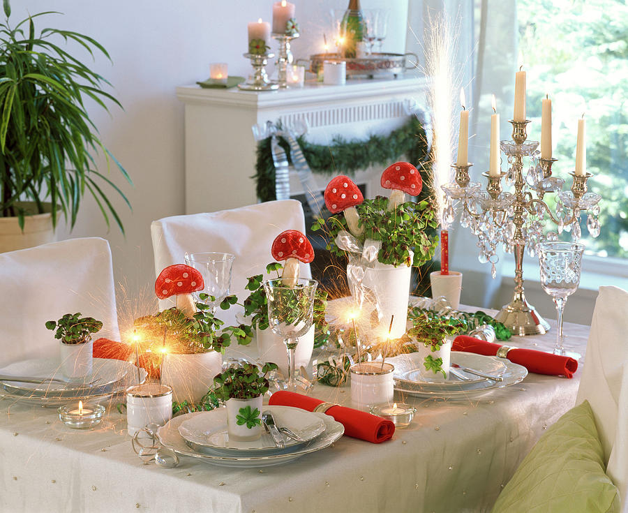 New Years Eve Table Decoration With Oxalis With Fly Agaric Mushrooms Photograph by Friedrich Strauss