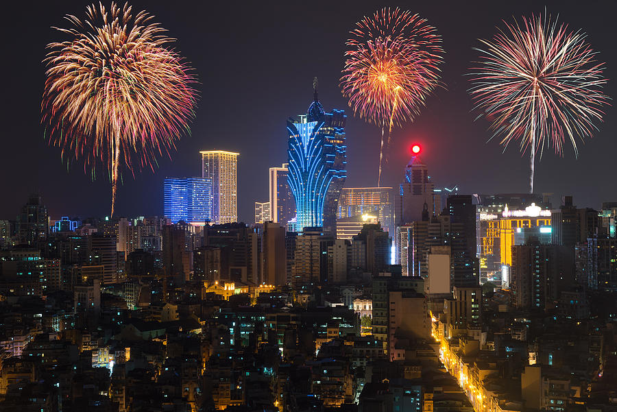 Architecture Photograph - New Years Fireworks At Macau Macao by Prasit Rodphan