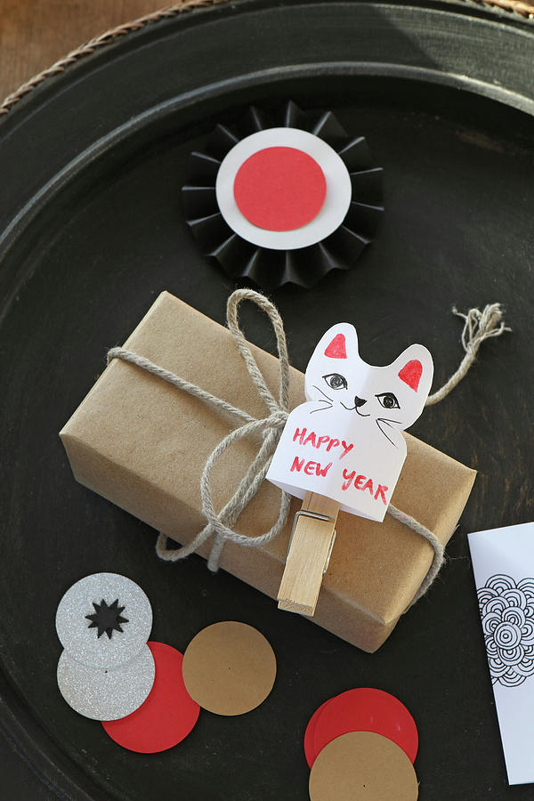 New Years Greetings On Cat-shaped Paper Tag On Gift Photograph by Regina Hippel