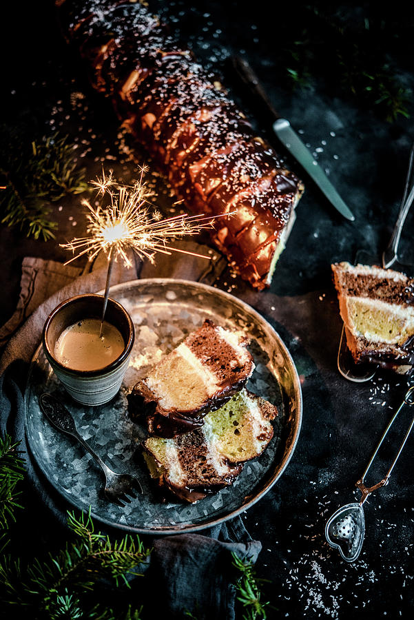 New Years Layered Cake Covered With Chocolate, Cold Sparkles And Coffee Photograph by Diana Kowalczyk