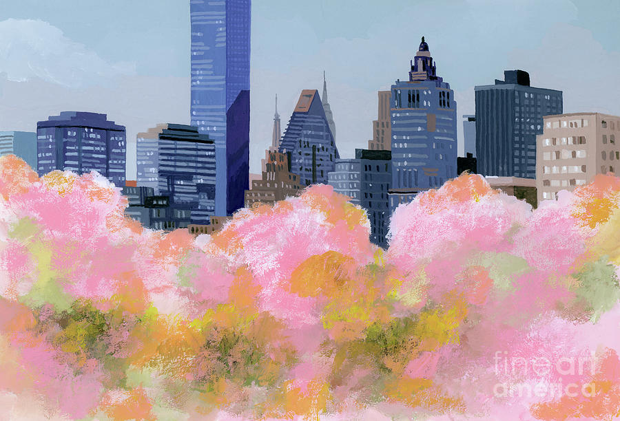 New York And Cherry Blossoms Painting by Hiroyuki Izutsu