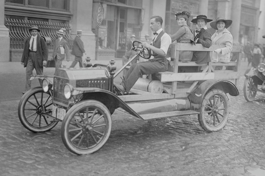 New York Car Strike has women transported to work in an open sided male driven vehicle Painting by 