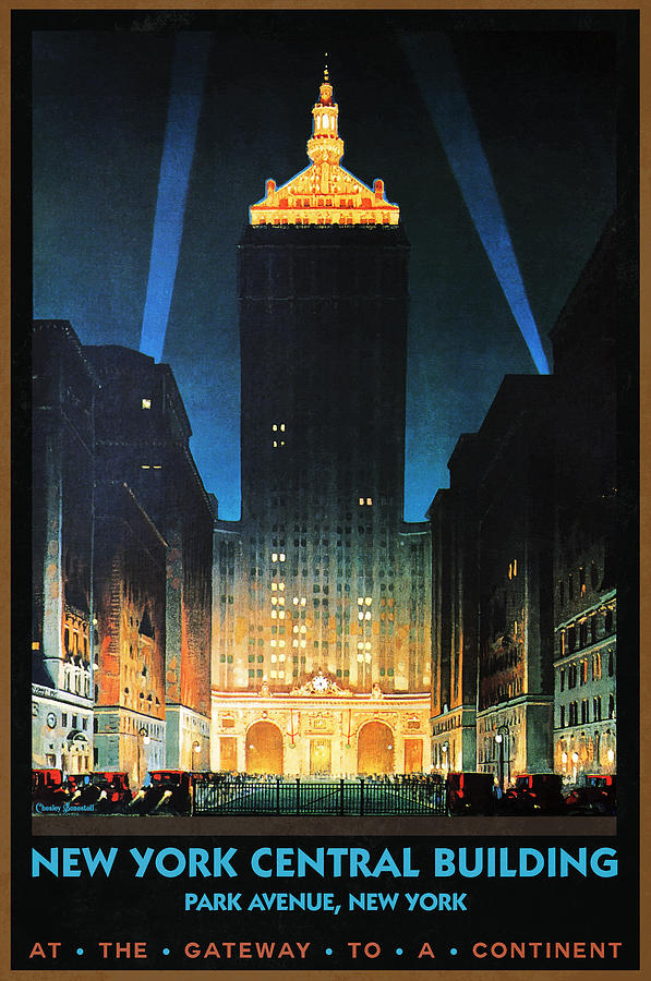 New York Central Building at night - Vintage Illustrated Poster Painting by Studio Grafiikka