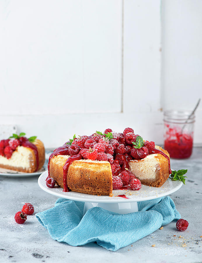 New York Cheese Cake With Raspberries, Sliced Photograph by Ewgenija Schall