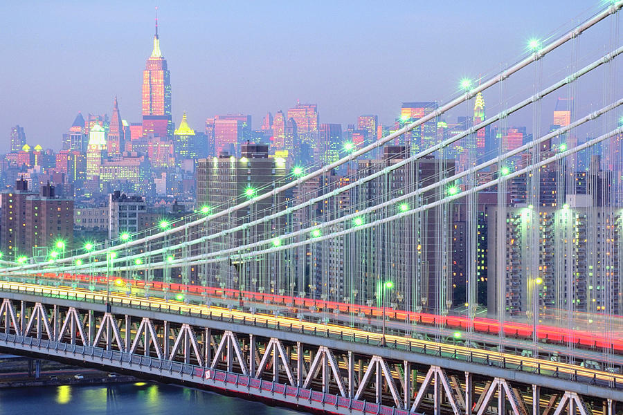 New York City Bridge Lit Up Photograph by Na