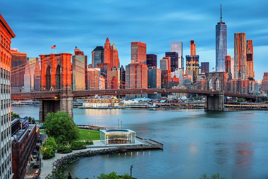 New York City, Brooklyn, East River, Dumbo, Brooklyn Bridge, View Of The Lower Manhattan And Financial District Skyline Across The East River With Brooklyn Bridge And Freedom Tower In The Background Digital Art by Antonino Bartuccio