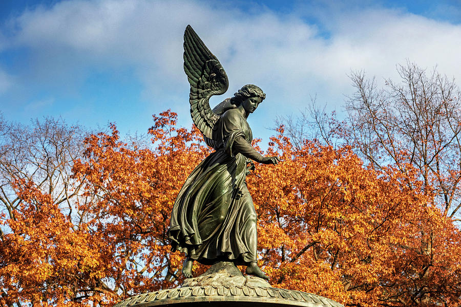 New York City, Central Park, Manhattan, Angel Of The Waters Fountain In Autumn, Foliage Digital Art by Claudia Uripos