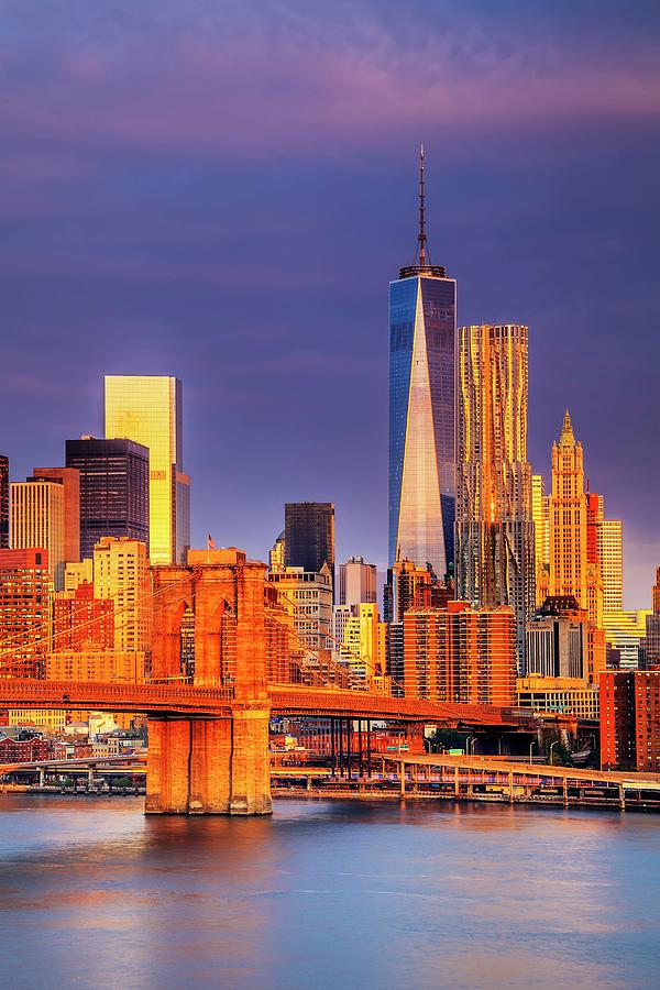 New York City, East River, Manhattan, Brooklyn Bridge And Manhattan Skyline With One World Trade Center And Freedom Tower At Sunrise Digital Art by Antonino Bartuccio