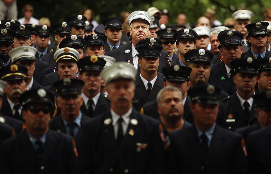 New York City Photograph - New York City Fire Fighters Commemorate by Mario Tama