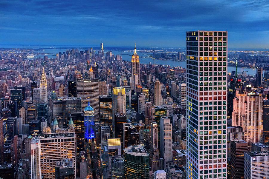 New York City, Hudson, Manhattan, Aerial View Towards, 432 Park Tallest Building, Empire State Building, Chrysler Building, Metlife Building And Lower Manhattan With One World Trade Center At Night Digital Art by Antonino Bartuccio