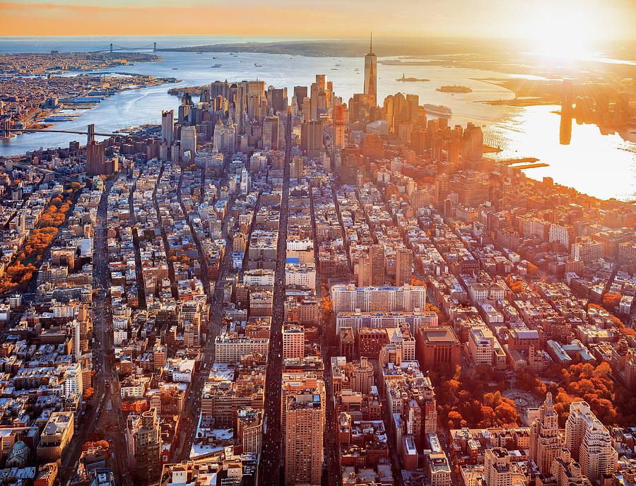 New York City, Hudson, Manhattan, Lower Manhattan, Aerial View Towards Lower Manhattan With One World Trade Center, Manhattan Bridge And Brooklyn Bridge At Sunset Digital Art by Antonino Bartuccio