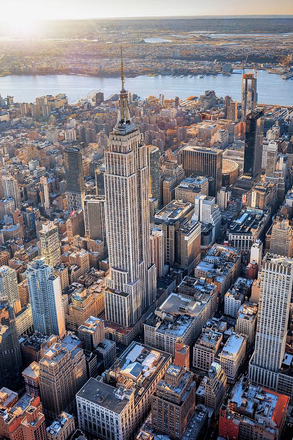 New York City, Hudson, Manhattan, Midtown, Empire State Building, Aerial View Towards Empire State Building At Sunset Digital Art by Antonino Bartuccio