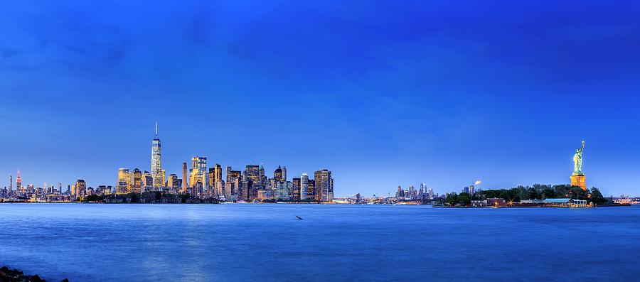 New York City, Lower Manhattan, Freedom Tower, Statue Of Liberty, The Ellis Island, New Jersey At Night Digital Art by Antonino Bartuccio