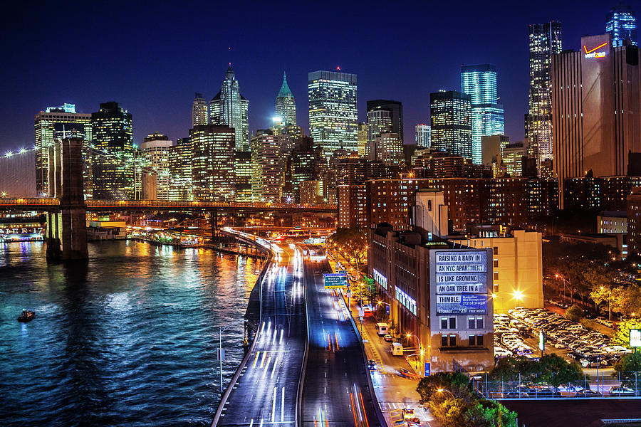 New York City, Manhattan, Brooklyn Bridge, Brooklyn Bridge And Manhattan At Night Digital Art by Antonino Bartuccio