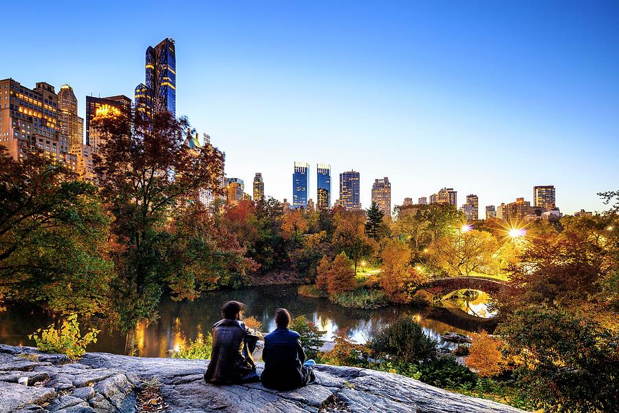 New York City, Manhattan, Central Park, Midtown Skyline And Gapstow Bridge During The Foliage Digital Art by Antonino Bartuccio