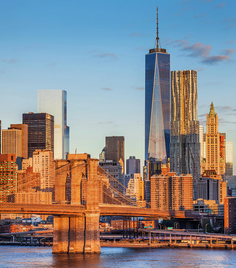 New York City, Manhattan, East River, Lower Manhattan, Brooklyn Bridge, Brooklyn Bridge And Lower Manhattan Skyline At Dawn With The Freedom Tower, Beekman Tower And Trump Building Digital Art by Antonino Bartuccio