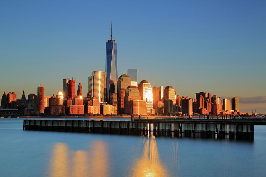 New York City, Manhattan, Hudson, Lower Manhattan, One World Trade Center, Freedom Tower, View Across The Hudson River Of The Downtown Manhattan And Financial District Skyline From New Jersey Digital Art by Riccardo Spila