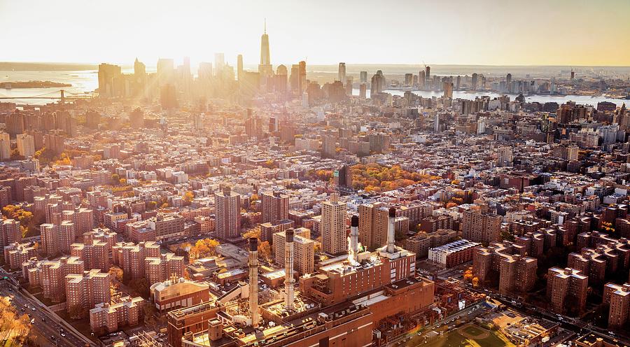 New York City, Manhattan, Lower Manhattan, Aerial View Towards Lower Manhattan With One World Trade Center At Sunset Digital Art by Antonino Bartuccio