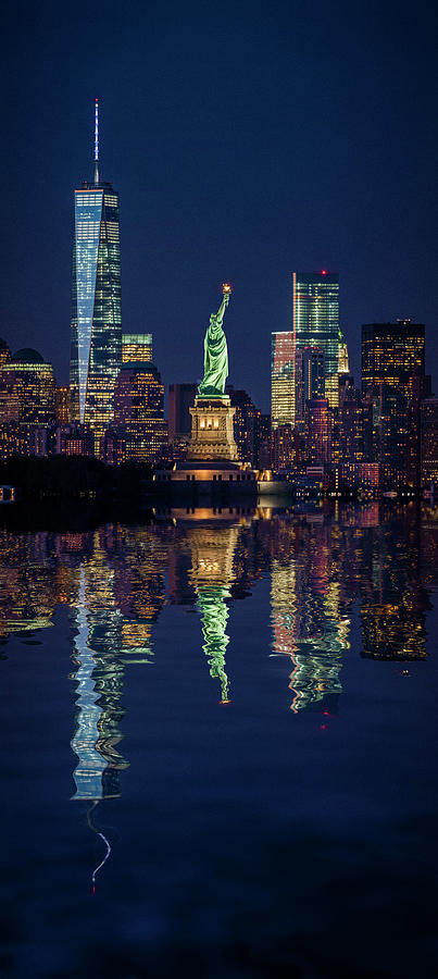 New York City, Manhattan, Lower Manhattan, Liberty Island, Statue Of Liberty, Lower Manhattan Skyline With Freedom Tower And Statue Of Liberty At Night Digital Art by Antonino Bartuccio