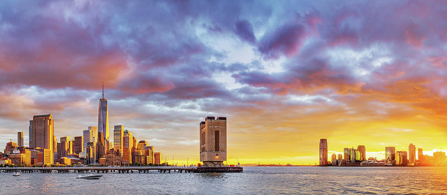 New York City, Manhattan, Lower Manhattan, Lower Manhattan, Financial District, Freedom Tower And Jersey City, View From Pier 40 At Sunset Digital Art by Arcangelo Piai