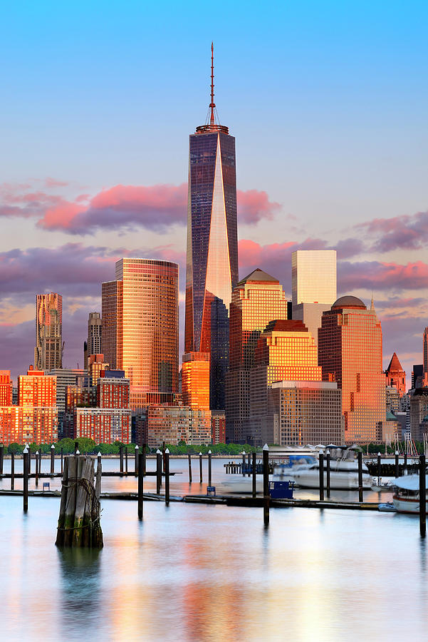 New York City, Manhattan, Lower Manhattan, One World Trade Center, Freedom Tower, City Skyline At Sunset Digital Art by Francesco Carovillano