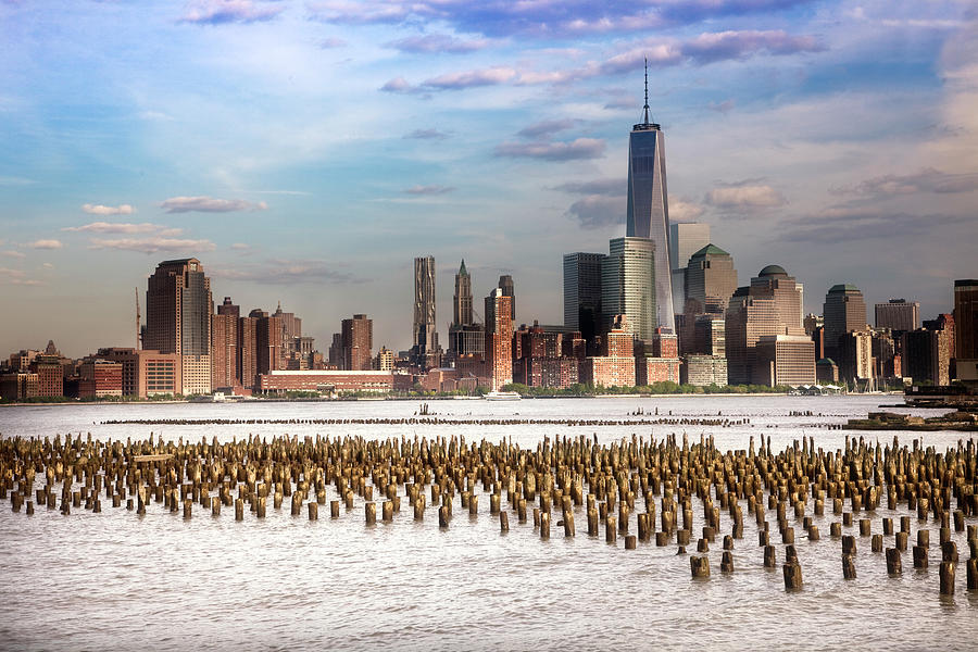 New York City, Manhattan, Lower Manhattan, One World Trade Center, Freedom Tower, Manhattan Skyline And The Freedom Tower Seen From New Jersey Digital Art by Anna Serrano