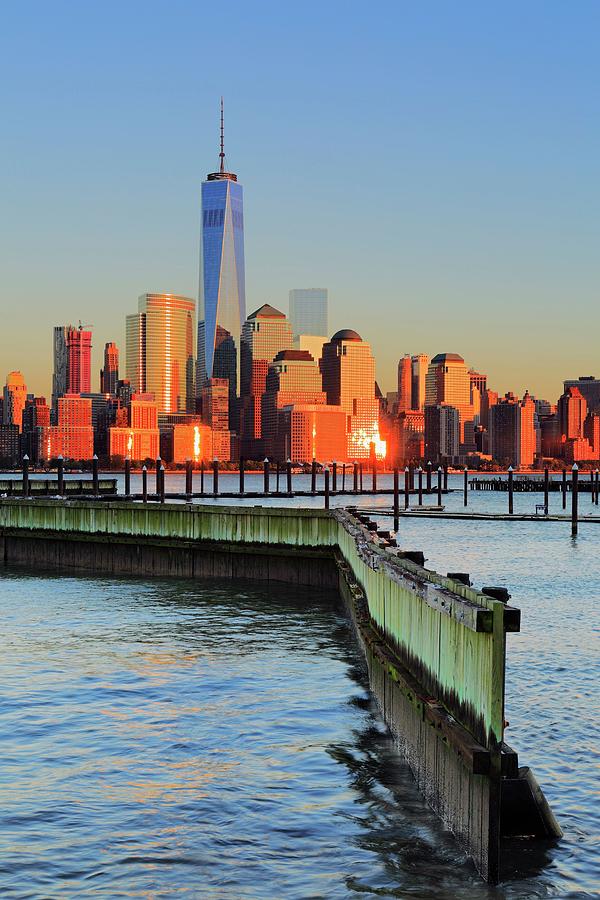 New York City, Manhattan, Lower Manhattan, One World Trade Center, Freedom Tower, View Across The Hudson River Of The Downtown Manhattan And Financial District Skyline From New Jersey Digital Art by Riccardo Spila