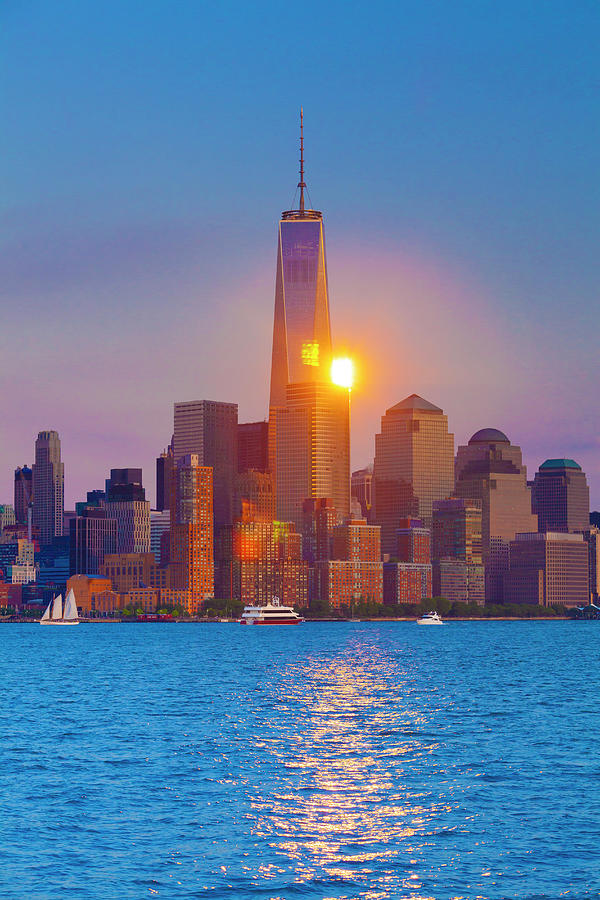 New York City, Manhattan, Lower Manhattan, One World Trade Center, Freedom Tower, View From New Jersey, At Sunset Digital Art by Olimpio Fantuz