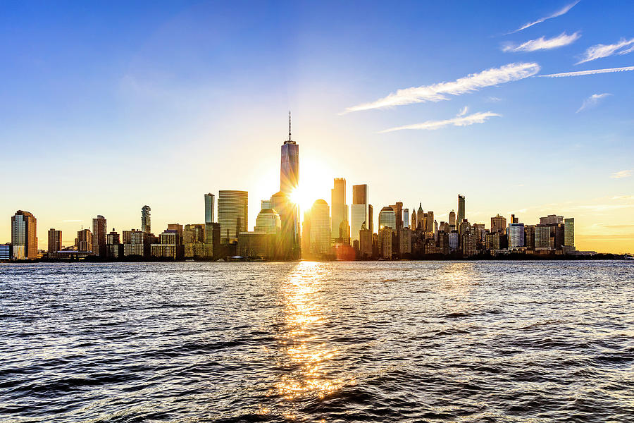 New York City, Manhattan, Lower Manhattan, One World Trade Center, Freedom Tower, View From New Jersey Towards Lower Manhattan At Sunrise Digital Art by Antonino Bartuccio
