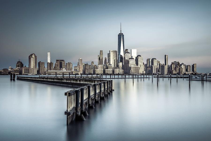 New York City, Manhattan, Lower Manhattan Skyline With One World Trade Center And Freedom Tower From New Jersey, At Sunset From New Port Digital Art by Antonino Bartuccio