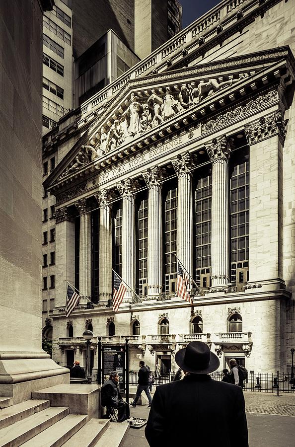 New York City, Manhattan, Lower Manhattan, Wall Street, New York Stock Exchange, Nyse, The New York Stock Exchange And A Man Digital Art by Antonino Bartuccio