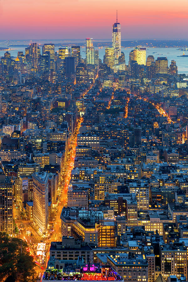 New York City, Manhattan, Midtown, Lower Manhattan Cityscape With Freedom Tower In The Background And Flatiron Building In The Foreground At Dusk, View From The Empire State Building Digital Art by Pietro Canali