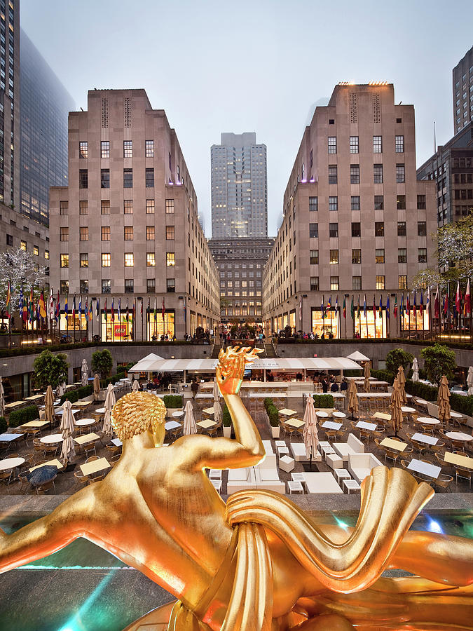 New York City, Manhattan, Midtown, Rockefeller Center, Prometheus Statue Facing The Rink Cafe Digital Art by Luigi Vaccarella