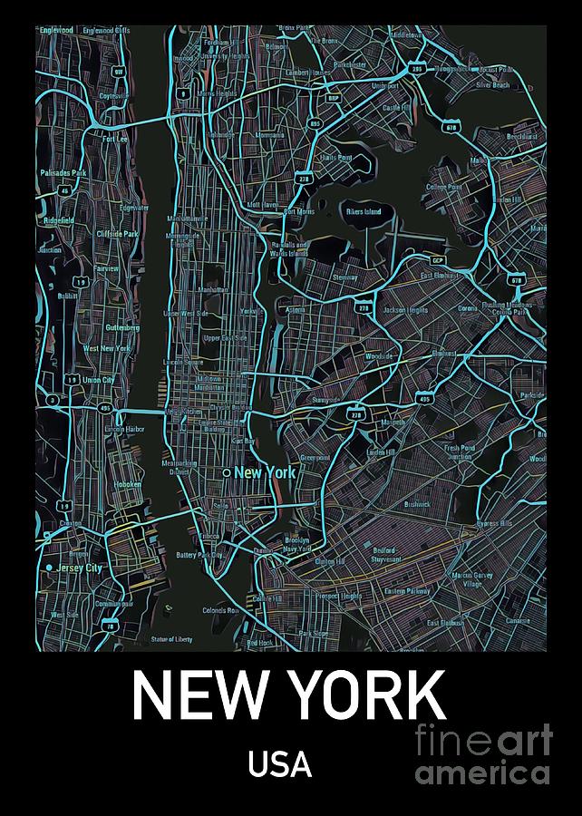 New York City Map Black edition Digital Art by HELGE Art Gallery