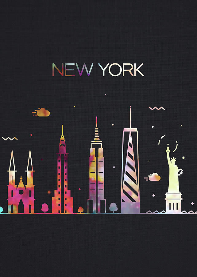 New York City Skyline Whimsical Fun Tall Dark Series Mixed Media by ...