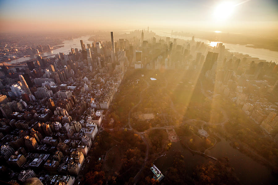 Central Park Photograph - New York Citys Central Park Seen From A Helicopter At Sunset. by Cavan Images
