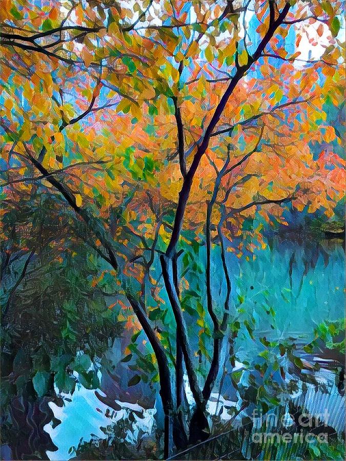 Central Park Digital Art - New York in Autumn - The Lake at Central Park by Miriam Danar