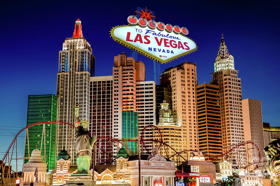 New York New York Casino at Dusk With Welcome to Las Vegas Sign GK Photograph by Aloha Art