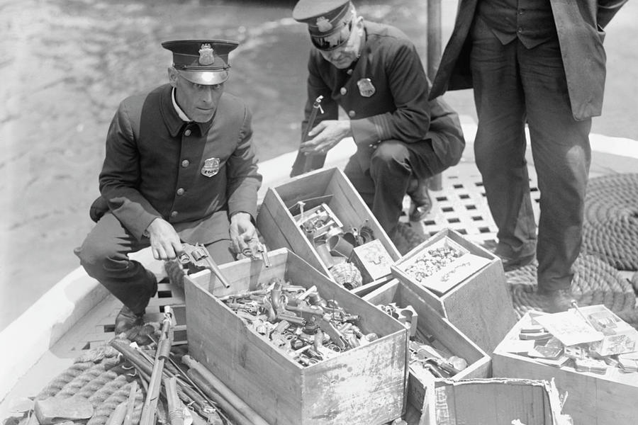 New York Police Destroy Boxes of Revolvers Painting by 