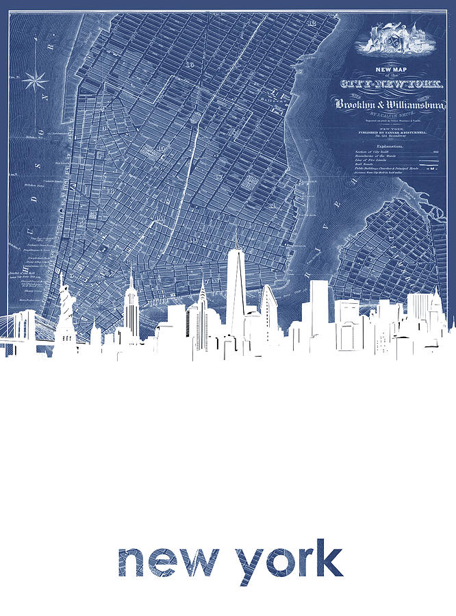 New York Skyline Map Blue Digital Art